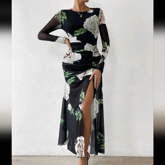 Floral Sheer Mesh Ruched High Slit Long Sleeve Dress Black - Picture 4 of 6